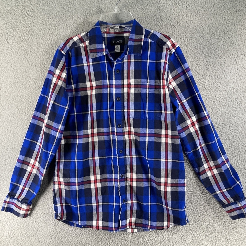 The Childrens Place Plaid Button Down‎ Boys 16 XXL Blue Red White Cotton Shirt